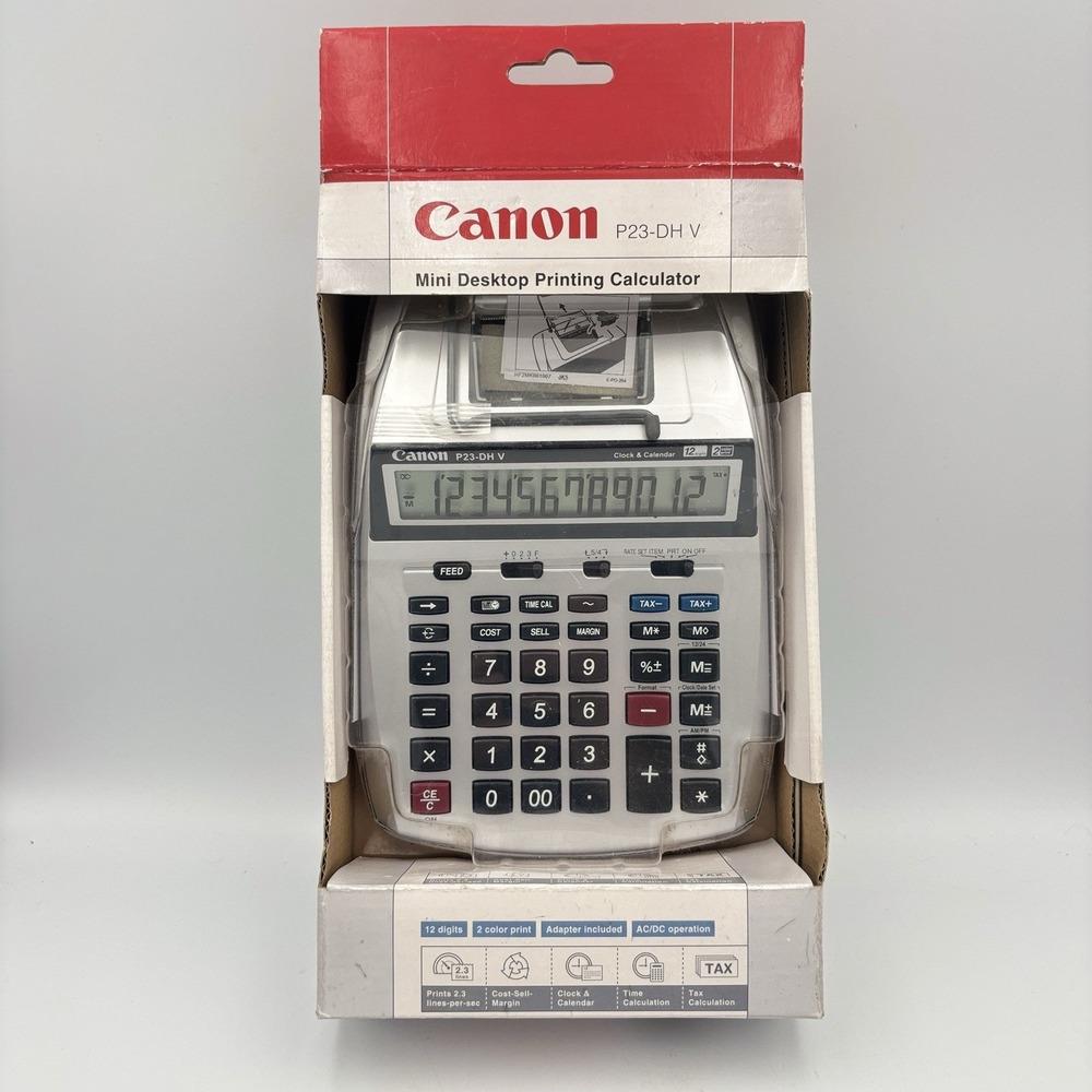 Canon P23-DH V Mini Desktop Printing Calculator 2 Color Print Clock/Calendar NEW